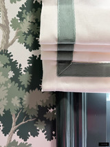 Bathroom featuring custom Roman Shade in Kravet 32186.1 Linen with Samuel & Sons Francoise Border in Mint Wallpaper in Sandberg Raphael.