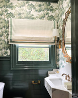 Bathroom featuring custom Roman Shade in Kravet 32186.1 Linen with Samuel & Sons Francoise Border in Mint Wallpaper in Sandberg Raphael.