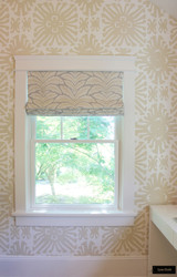 Brunschwig & Fils Talavera Linen in Birch Roman Shades with Quadrille Sigourney Wallpaper