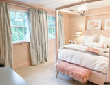 Girls bedroom featuring my custom drapes in Brunschwig & Fils Les Touches Pool and 8 X 36 Bolster with Flanders Pink Trim and Welting 