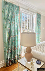 Schumacher Brighton Pavilion Custom Drapes in Multi shown in Living Room 