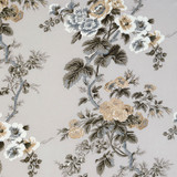 Schumacher Pyne Hollyhock Print Roman Shade in Bathroom (shown in Charcoal-comes in other colors)