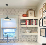 Custom Roman Shade in Deconstructed Stripe in Red shown in Kitchen. 