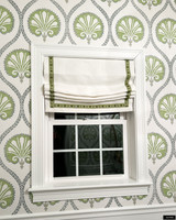 Kravet Dublin Linen (Bleach) Roman Shade with Samuel and Sons Dolce Pom Pom Border in (Key Lime Pie)