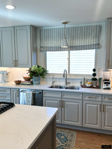 Schumacher Woodperry (Blue) Relaxed Roman Shade in Kitchen