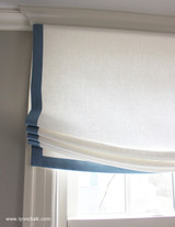 Custom Casual Shades by Lynn Chalk in Kravet Dublin Linen in Bleach with Samuel & Sons Grosgrain Ribbon Trim in Azure