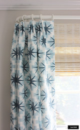 Peter Dunham Starburst North Blue Triple Euro Pleat - Helser Brothers French Poles in Alabaster - Horizon Woven Wood Shade Blakely Pale Almond
