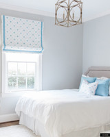 Roman Shade in Sister Parish Serendipity (Blue/Red) with Samuel & Sons Grosgrain Ribbon Trim (Azure). Matching Pillow shown with Red Welt.