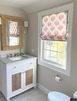 Katie Ridder Peony Raspberry Roman Shade with Samuel & Sons Francoise 1 in Wide Border in Wedgewood in Bathroom 