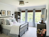 Schumacher Camden Check Sky Drapes with Matching Pillows and Bedskirt