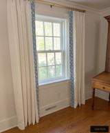 1 and Half Width Drapes in Kravet Dublin Linen Bleach with Schumacher Ashoka Tape Ivory Blue 76294