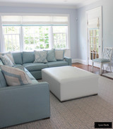 Roman Shade in Dublin Linen in White With Samuel & Sons Grosgrain Trim 2" in Baby Blue on bottom edge