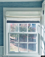 Kravet Stone Harbor Roman Shades with Stout Lauderdale Trim (Fabric in Salt, trim in Denim)