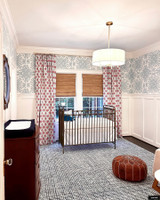Peter Dunham Starburst Red Blue Drapes with Quadrille Sigourney Large Scale Wallpaper Grey shown in Nursery.