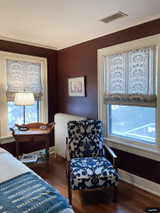 Thibaut Cairo Eggplant Roman Shades. Shade on left is 28 3/4" wide, shade on right is 34 5/8"wide. Wall Color Farrow and Ball Brinjal.
