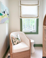 Kravet Dublin Linen Bleach with Samuel & Sons Grosgrain Ribbon Sand Roman Shade with Self Valance in Nook