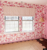 Mrs Alice Palm Beach Pink Shaded Bamboo Double Width Roman Shade. Spoonflower Wallpaper in Small Scale Peony Branch Pink Orange White by Danika Herrick.