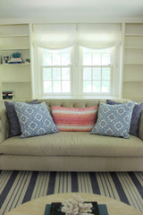 Casual Roman Shades in Kravet Linen - Dublin in Bleach by Lynn Chalk.  Pillows in John Robshaw Algiers in Lotus, Petra in Cobalt and Aleppo in Indigo