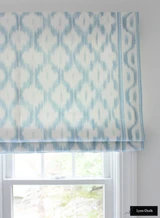 Schumacher Santa Monica Ikat Custom Drapes in Dining Room (shown in China Blue)