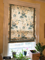 Lee Jofa Althea Cotton Chintz Custom Roman Shade in Living Room (shown in Citron)