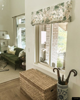 Lee Jofa Althea Cotton Chintz Custom Roman Shade in Living Room (shown in Citron)