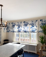 Schumacher Pyne Hollyhock Print Custom Roman Shade with Self Valance (shown in Indigo)