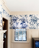 Schumacher Pyne Hollyhock Print Custom Roman Shade with Self Valance (shown in Indigo)