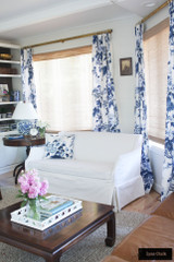 Schumacher Pyne Hollyhock Print Custom Roman Shade in Dining Room  (shown in Indigo-comes in other colors)
