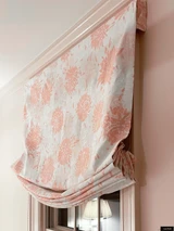 Relaxed Roman Shades Tillet Textiles Chrysanthemum Large Pink on Oyster 45 inches Wide by 72