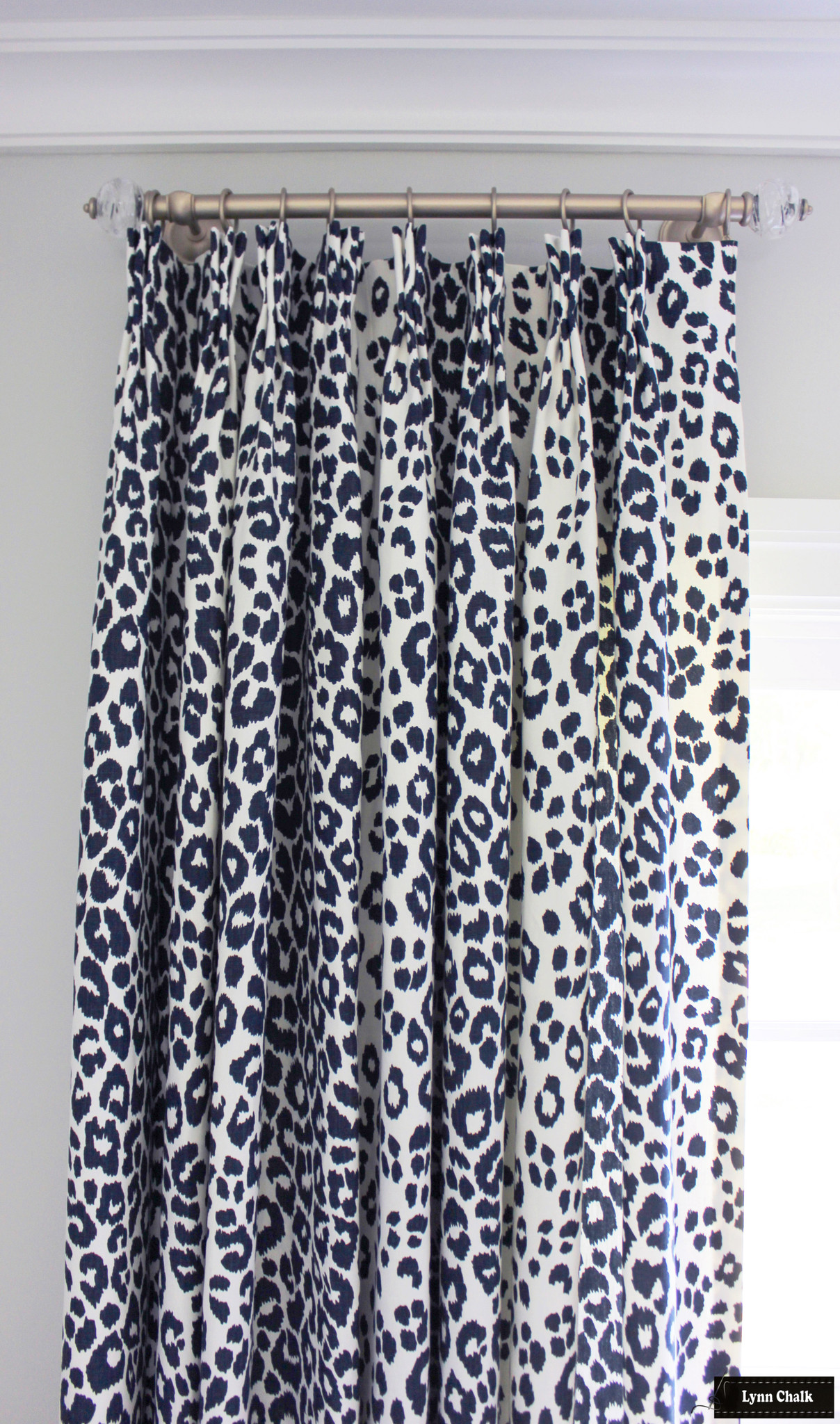 Living Room Custom Drapes in Schumacher Iconic Leopard Ink