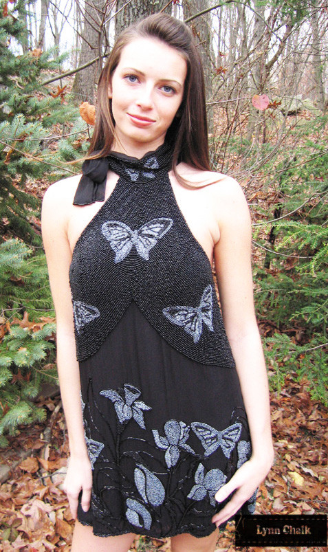 One-of-a-kind Hand Beaded Tie-Neck Dress by Lynn Chalk with Butterflies and  Flowers