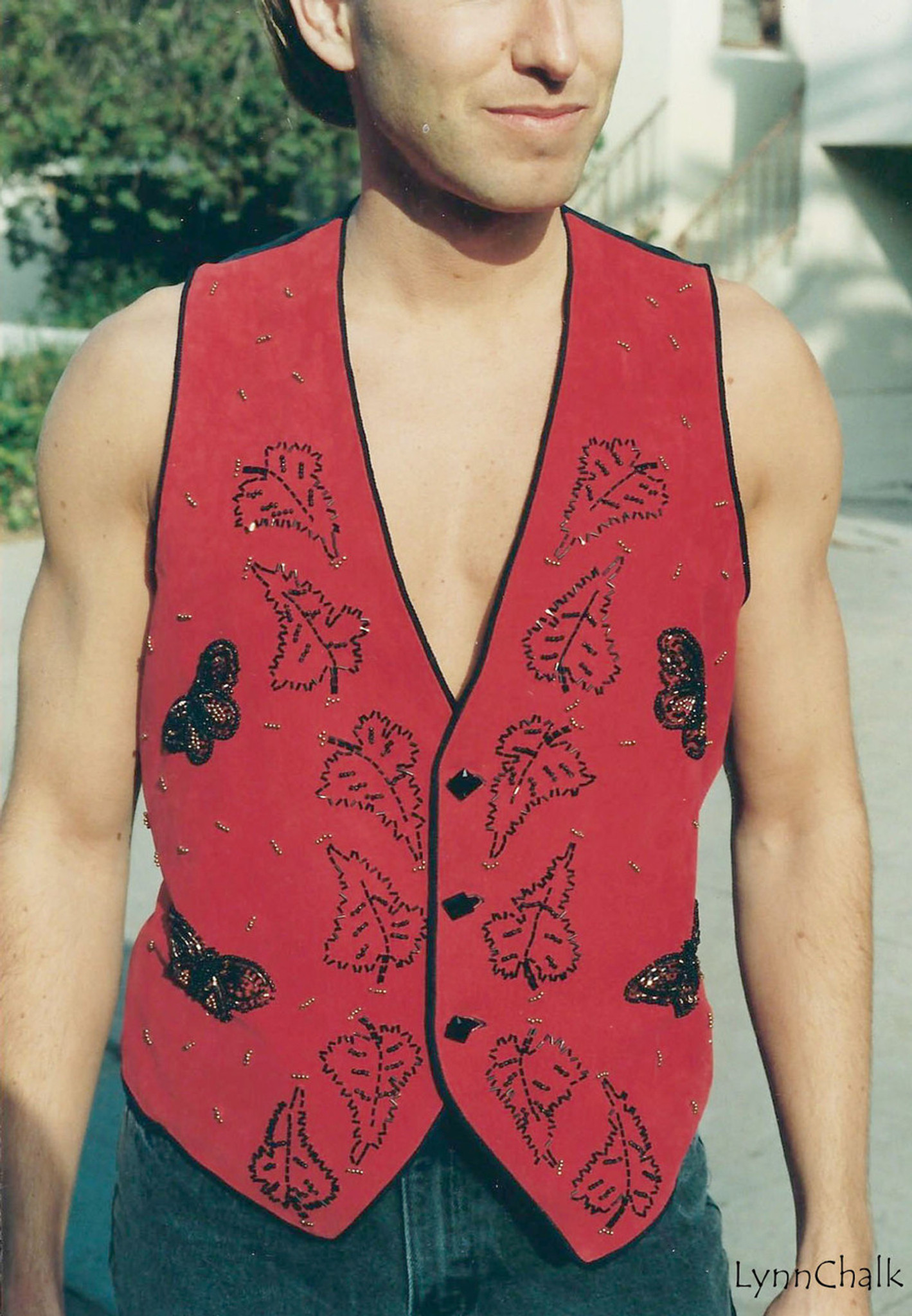 One-of-a-kind Hand Beaded Men's Vest in Suede with Black and