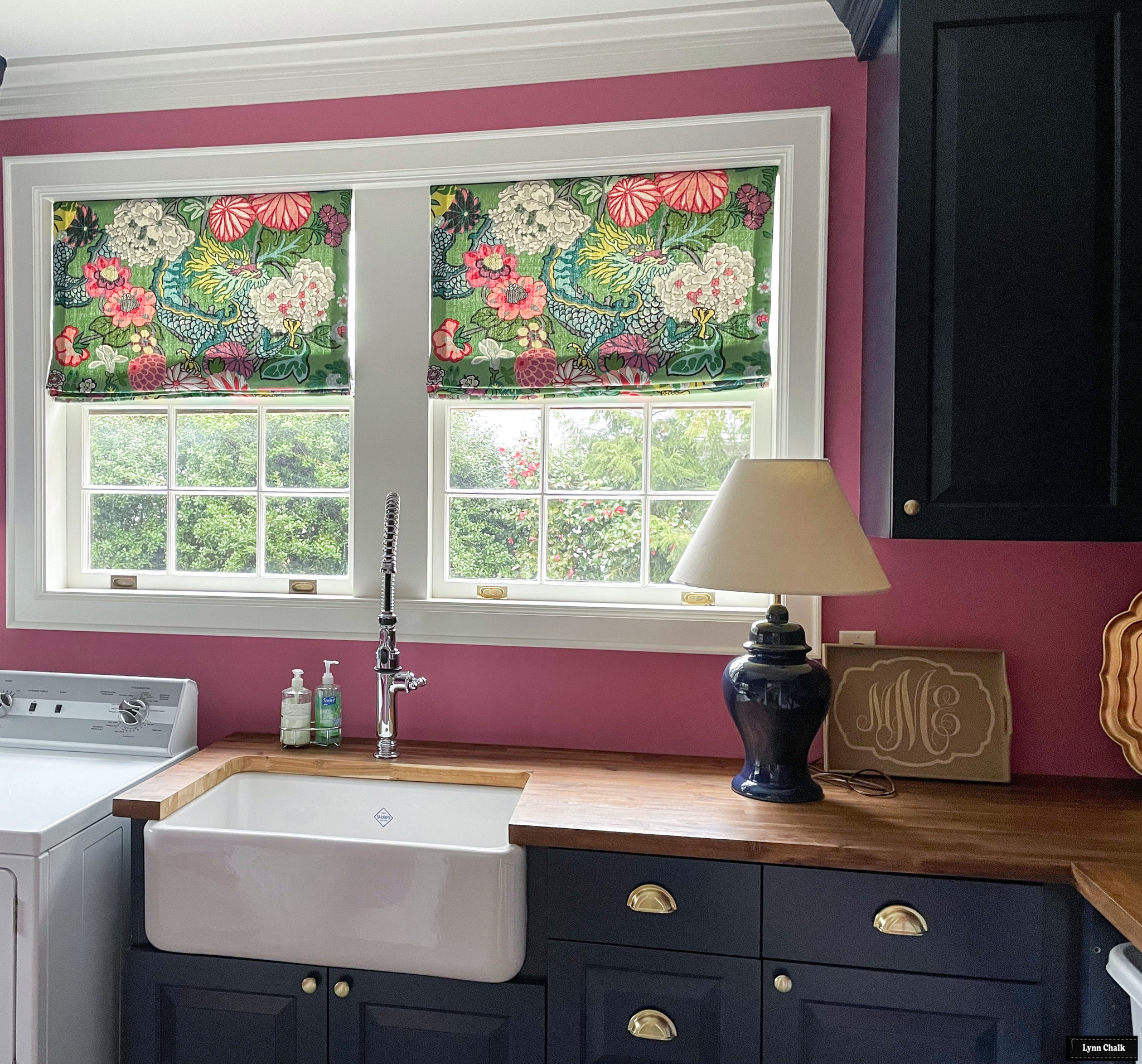 Schumacher Chiang Mai Dragon Roman Shade in Kitchen