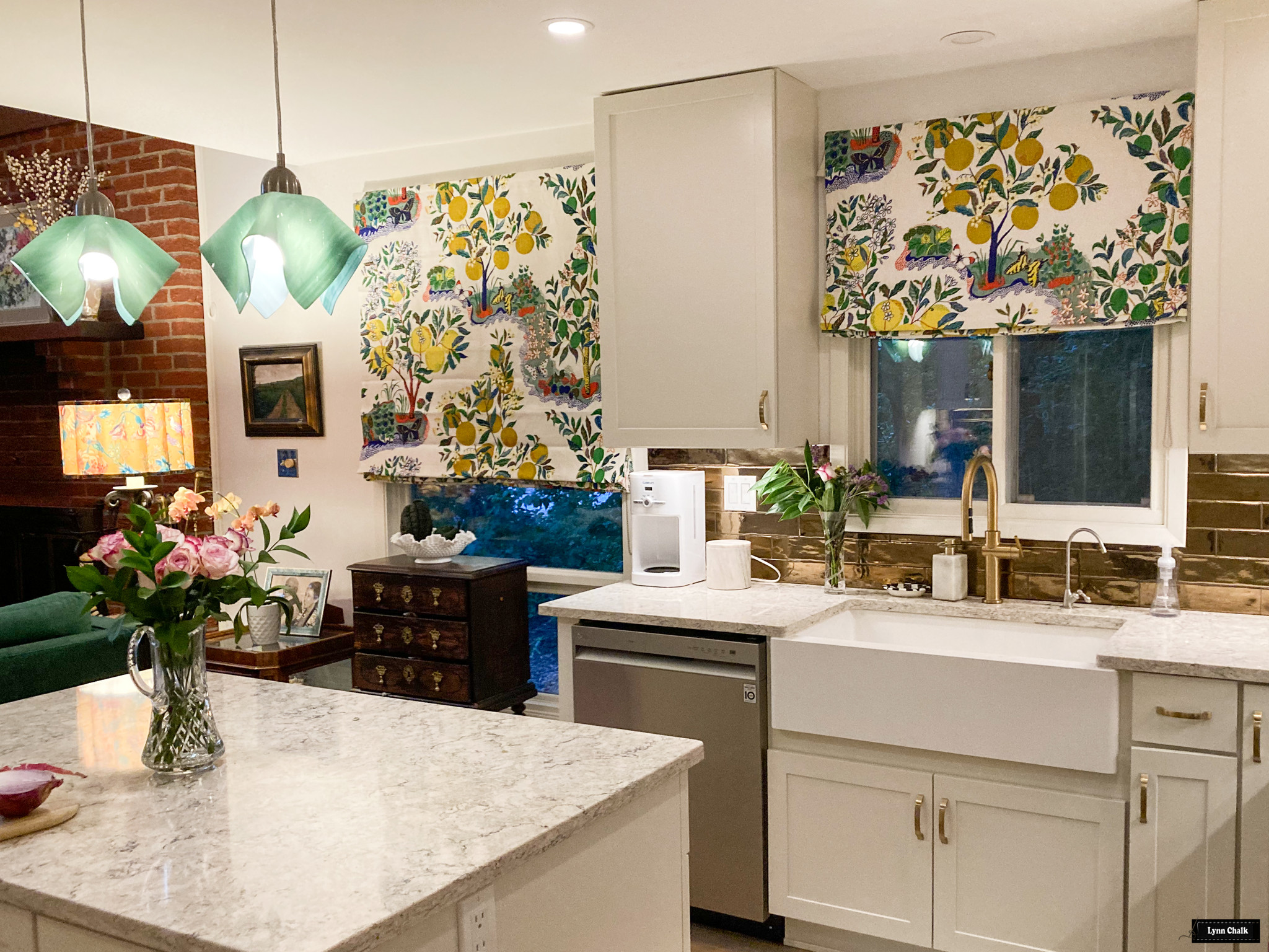 Schumacher Citrus Garden Custom Roman Shade in Kitchen