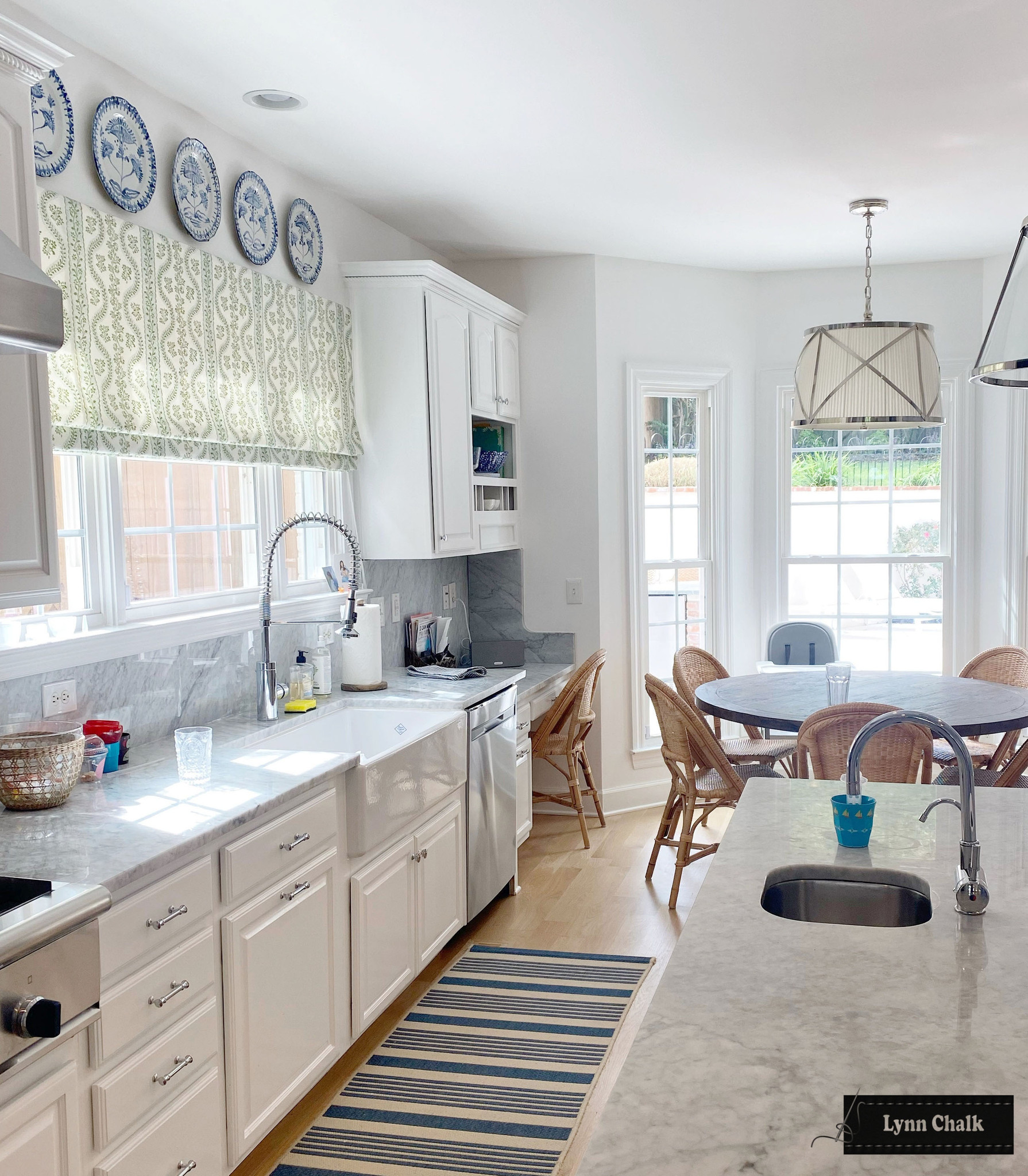 Sister Parish Dolly Custom Roman Shade in Kitchen - shown in Sage