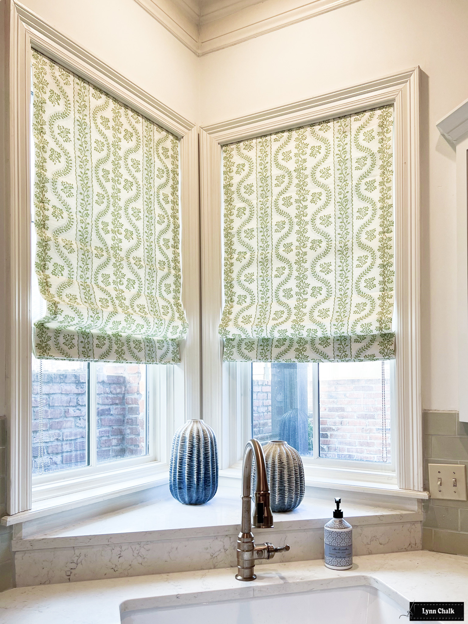 Sister Parish Dolly Custom Roman Shades for Corner Windows -shown
