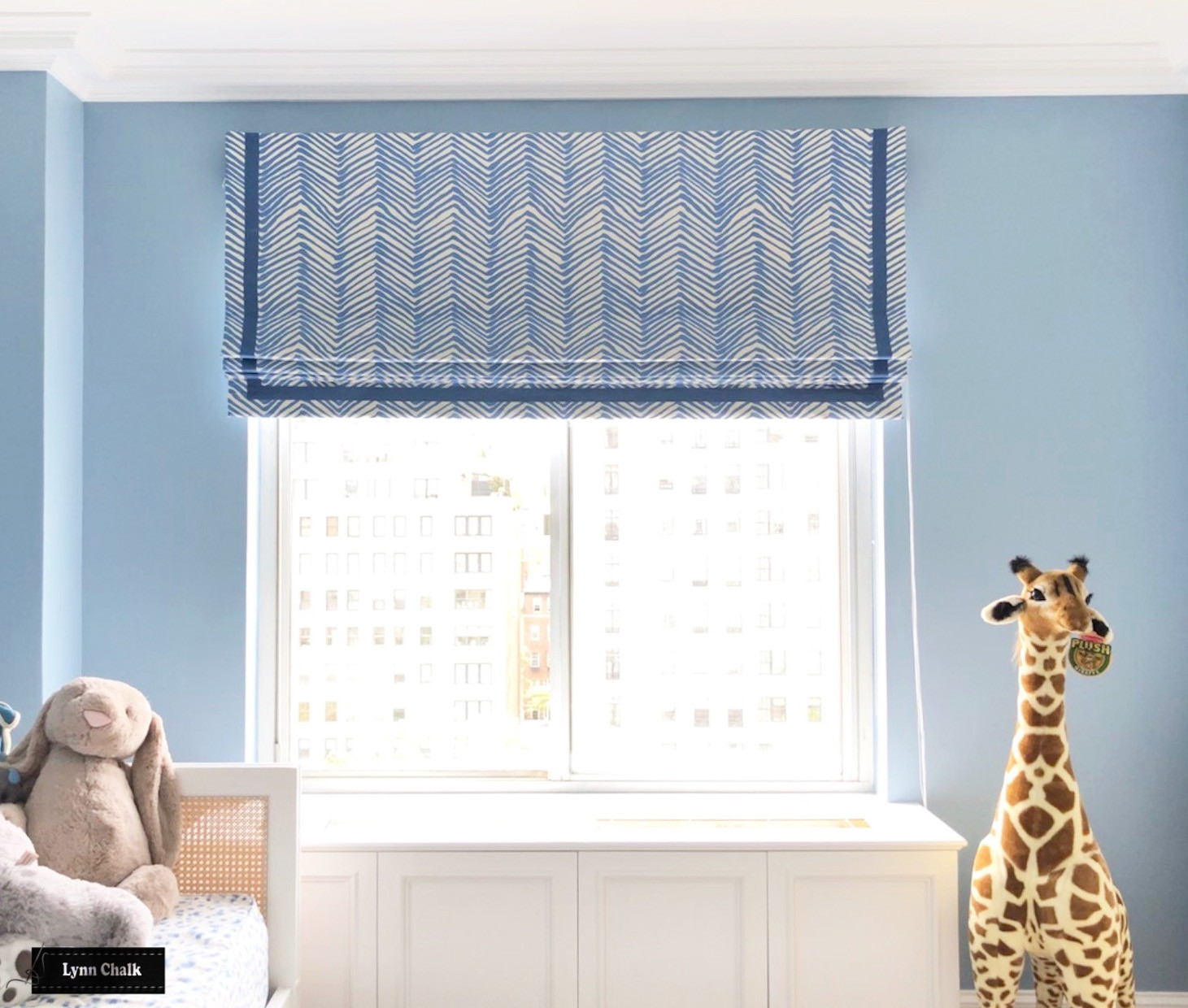 Quadrille Zig Zag French Blue on Tint with Samuel & Sons Grosgrain