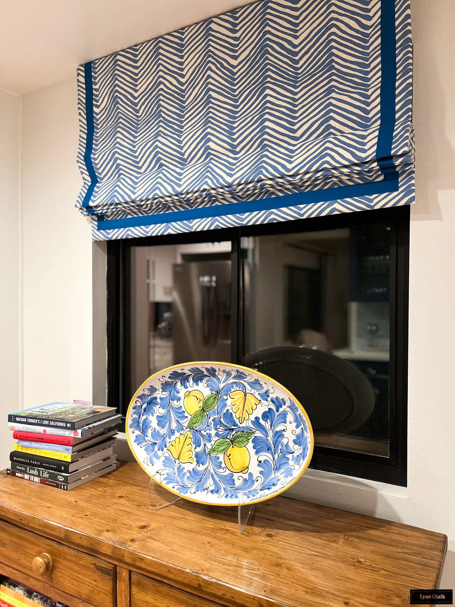 Quadrille Zig Zag French Blue on Tint with Samuel & Sons Grosgrain