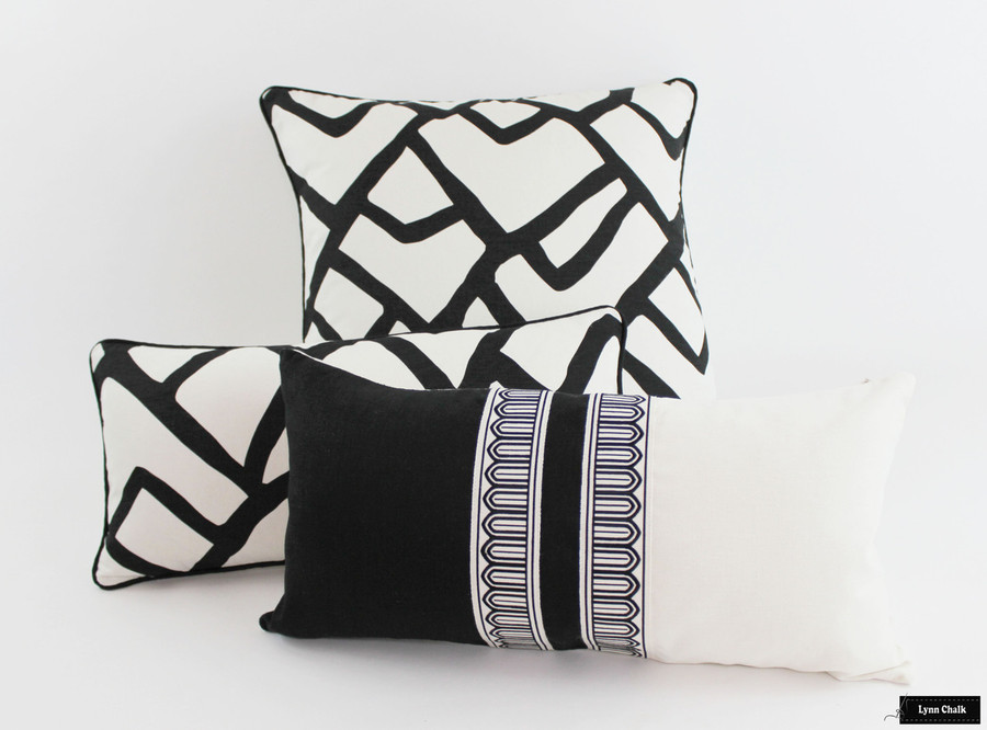 Schumacher Zimba Ebony Pillows with Black and White Pillow with Arches Trim