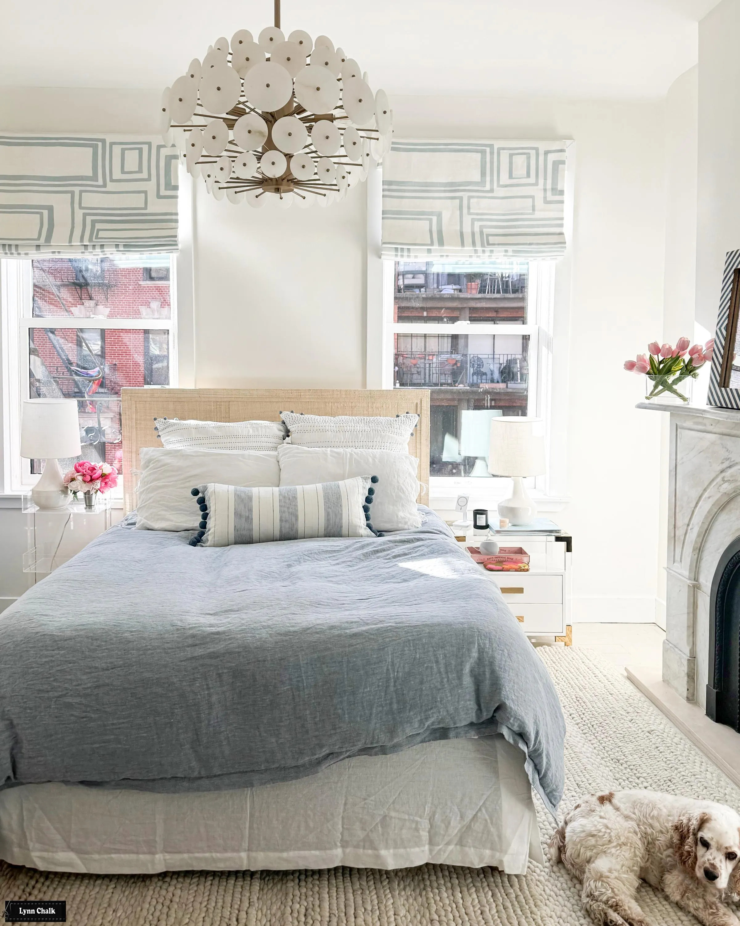 Schumacher Large Open Boxes Roman Shades in Bedroom (Shown in Mineral -  comes in other colors), image size:2400x3000