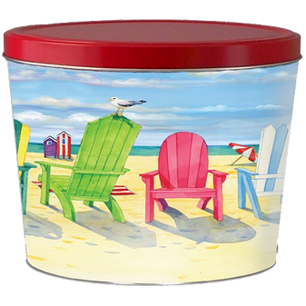 Beach Chairs 2-Gallon Popcorn Tin from Broadway Popcorn. Popped fresh daily in Wisconsin!