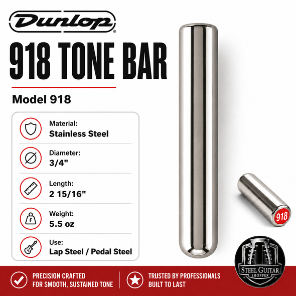 Dunlop 918 Stainless Steel Tone Bar for lap steel and pedal steel, 3/4 inch diameter, 2 15/16 inch length