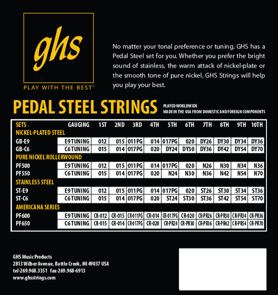 Back of packaging GHS Super Steels Pedal Steel E9 Tuning 10-String Set (ST-E9)