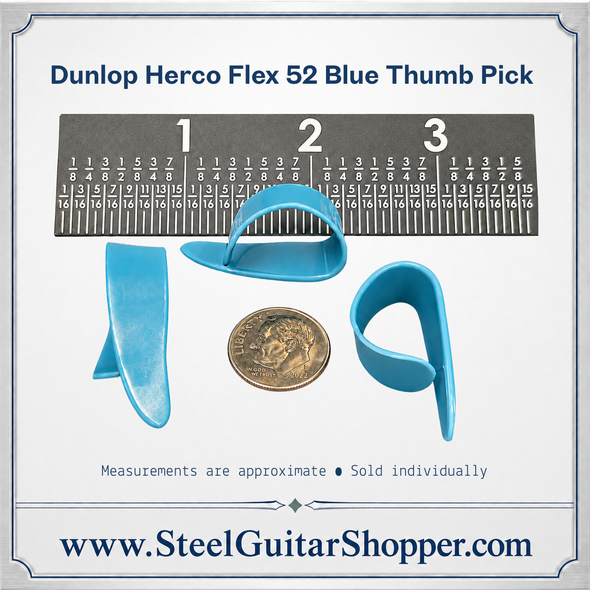Dunlop Herco Flex 52 Blue Thumb Pick shown from three angles with ruler and dime for approximate size reference