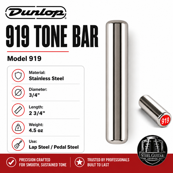 Dunlop 919 Stainless Steel Tone Bar for lap steel and pedal steel, 3/4 inch diameter, 2 3/4 inch length