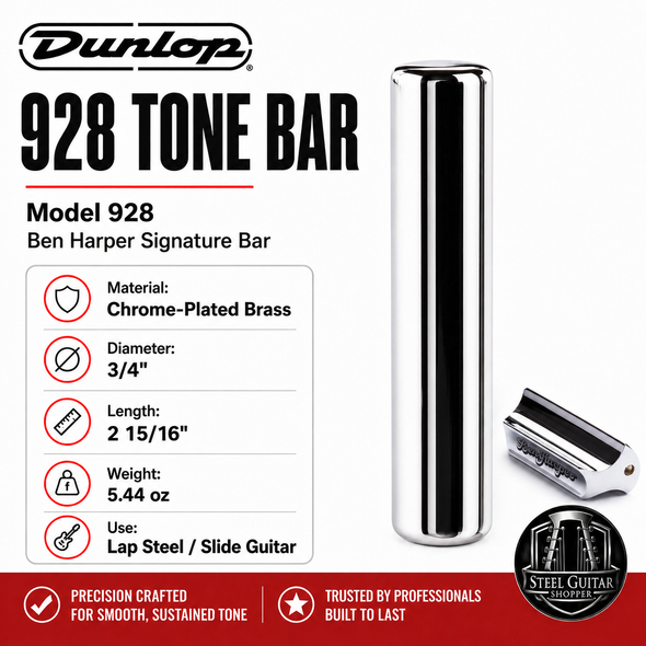 Dunlop 928 Ben Harper Signature Chrome-Plated Brass Tone Bar for lap steel and slide guitar, 3/4 inch diameter, 2 15/16 inch length