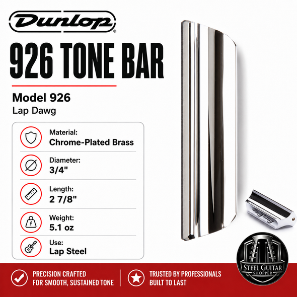 Dunlop 926 Lap Dawg Chrome-Plated Brass Tone Bar for lap steel, 3/4 inch diameter, 2 7/8 inch length