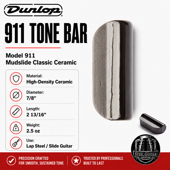 Dunlop 911 Mudslide Classic Ceramic Tone Bar for lap steel and slide guitar, 7/8 inch diameter, 2 13/16 inch length