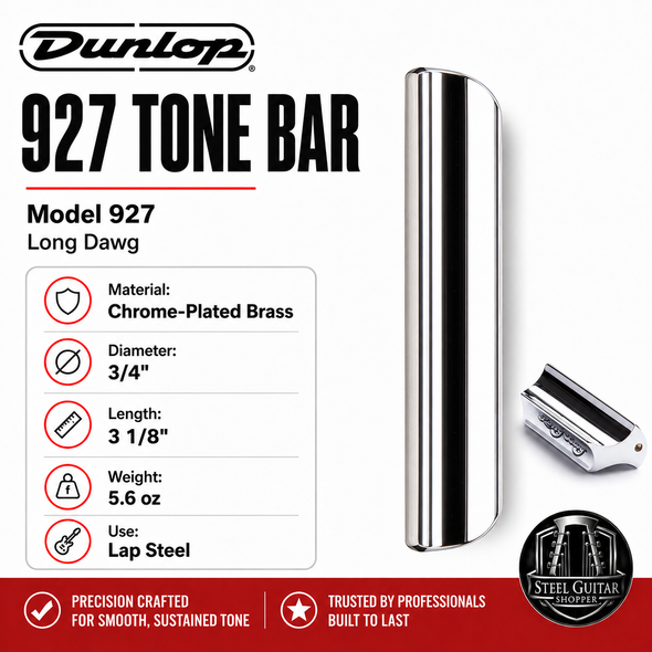 Dunlop 927 Long Dawg Chrome-Plated Brass Tone Bar for lap steel, 3/4 inch diameter, 3 1/8 inch length