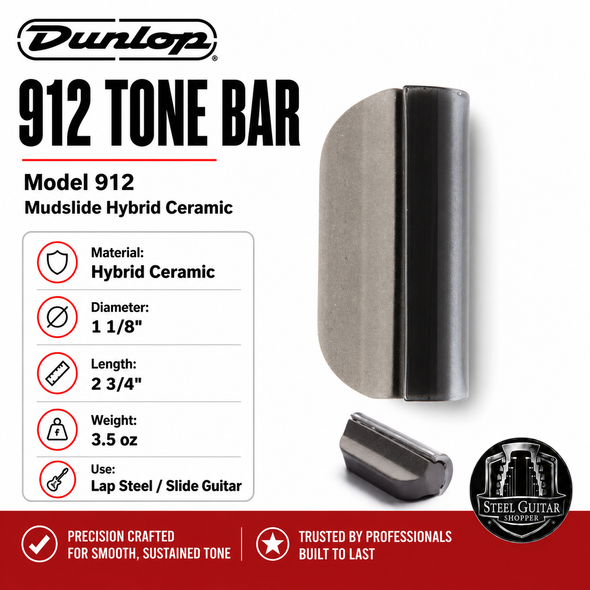 Dunlop 912 Mudslide Hybrid Ceramic Tone Bar for lap steel and slide guitar, 1 1/8 inch diameter, 2 3/4 inch length